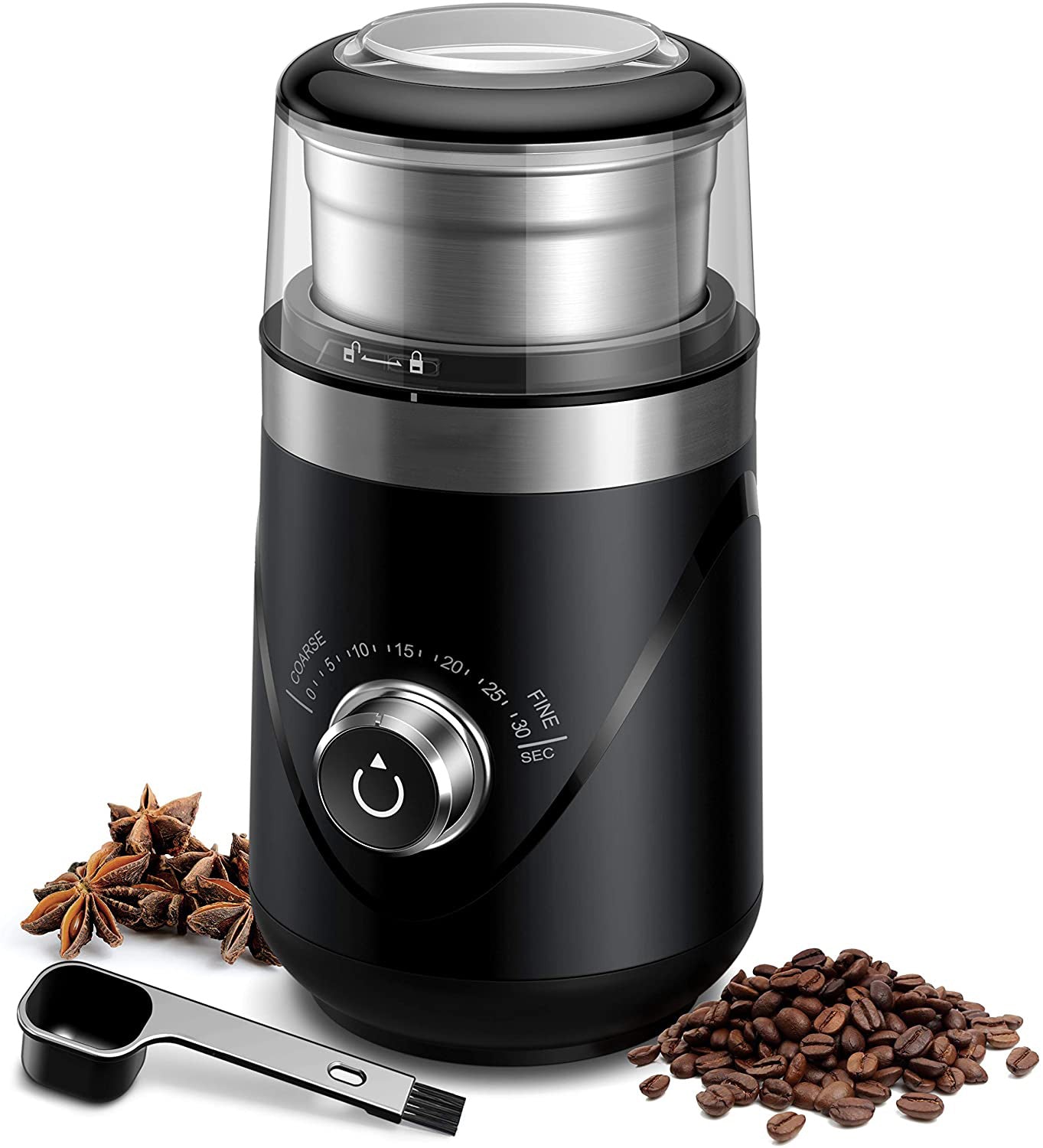 Adjustable Electric Coffee Grinder, Spice Grinder, Coffee Bean Grinder, Espresso Grinder with 1 Removable Stainless Steel Bowl